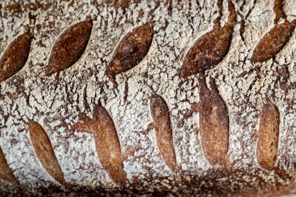 Close-up of textured sourdough crust