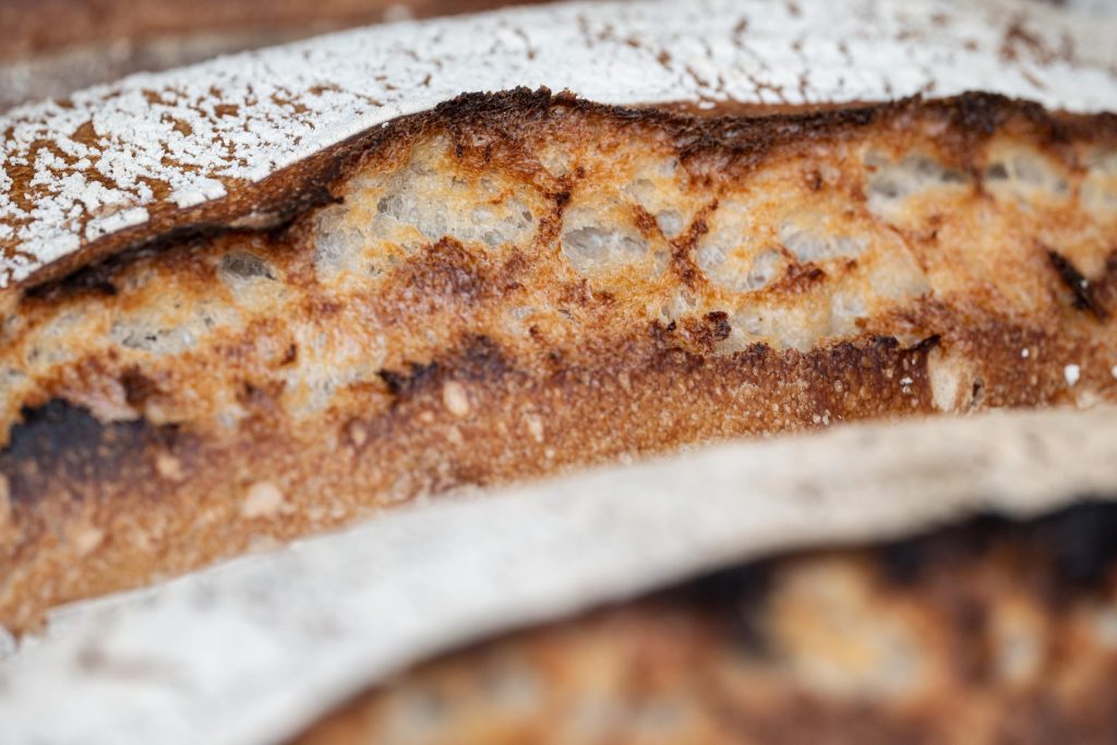 Close-up of crusty sourdough bread.